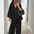 thumbnail image 5 of tasrioml Women's Cotton Linen Two Piece Outfit Long Sleeve V Neck Button Top Wide Leg Pants Casual Loungewear Set, 5 of 7