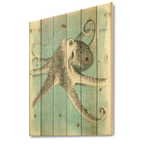 Designart 'Coastal Sea Life II octopus sketches' Nautical & Coastal Print on Natural Pine Wood