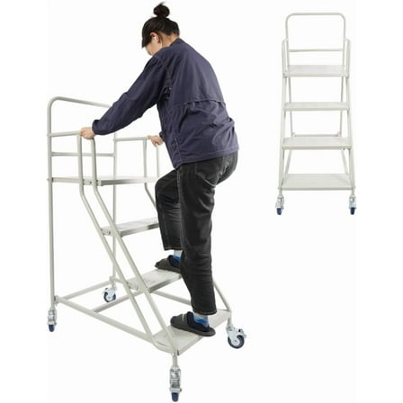 4 Step Rolling Stairs Industrial Warehouse Mobile Ladder Metal Rolling Steps with Universal Wheels Large Rolling Stairs for Library, 881.85lbs Capacity, 23.62" L x 39.37" W x 39.37" H