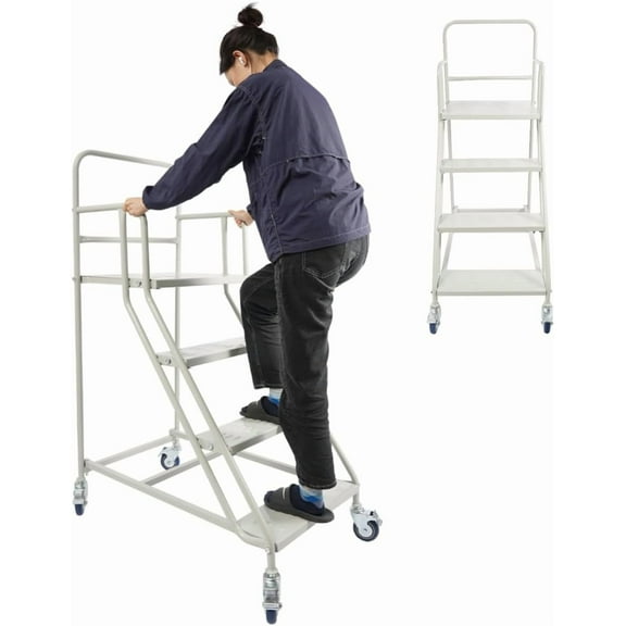 4 Step Rolling Stairs Industrial Warehouse Mobile Ladder Metal Rolling Steps with Universal Wheels Large Rolling Stairs for Library, 881.85lbs Capacity, 23.62" L x 39.37" W x 39.37" H