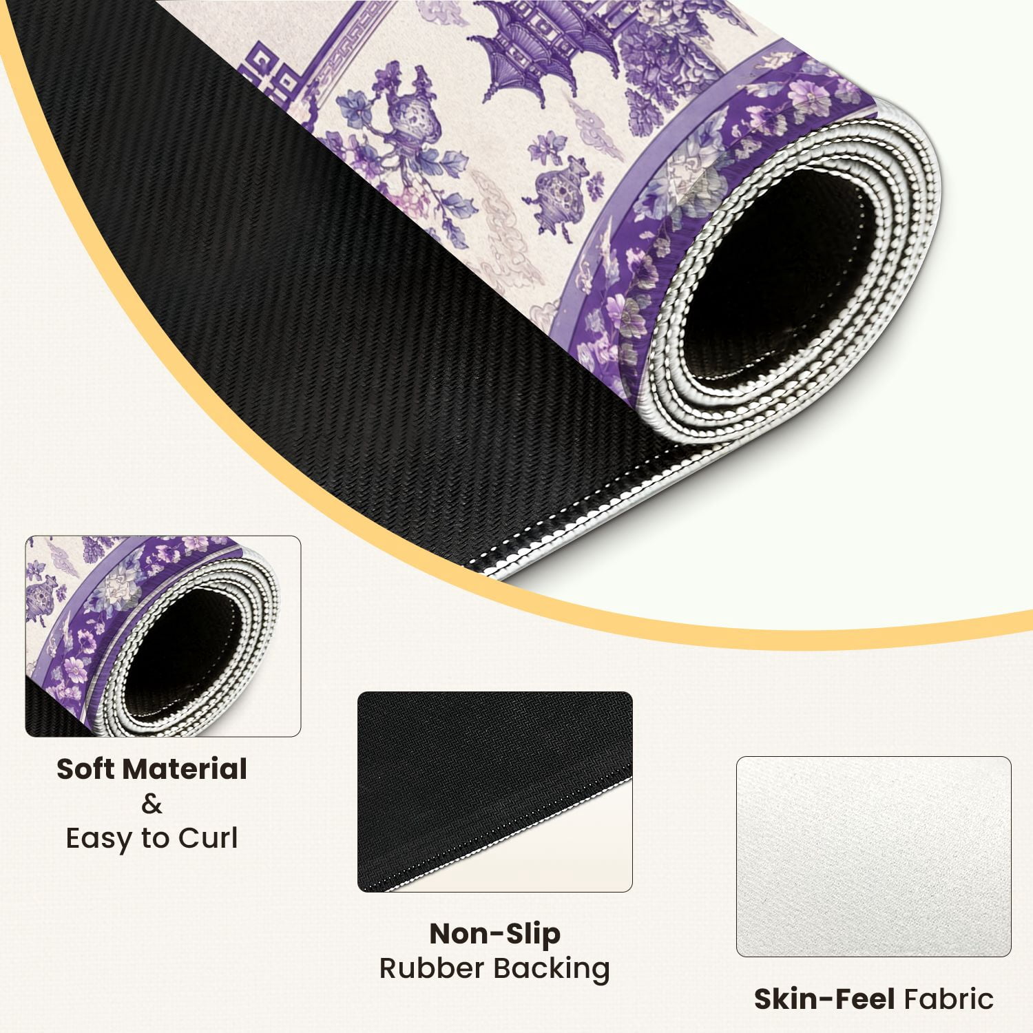 Mahjong Mat 31.5" x 31.5" Purple Floral Oriental Pagodas Birds Decorative Borders Non-Slip Noise Reduction Mahjong Tiles Table Cover for Dominoes Poker Card Board and Tile Games