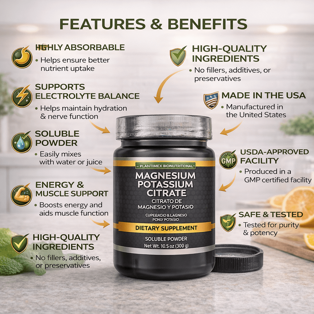 Plantimex Magnesium Potassium Citrate Powder 10.5 oz (300g) – Soluble Electrolyte Supplement, Easy Mix Drink Powder, Unisex Daily Mineral Support