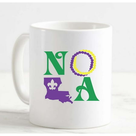 

Coffee Mug Nola New Orleans Louisiana Mardi Gras Beads White Cup Funny Gifts for work office him her
