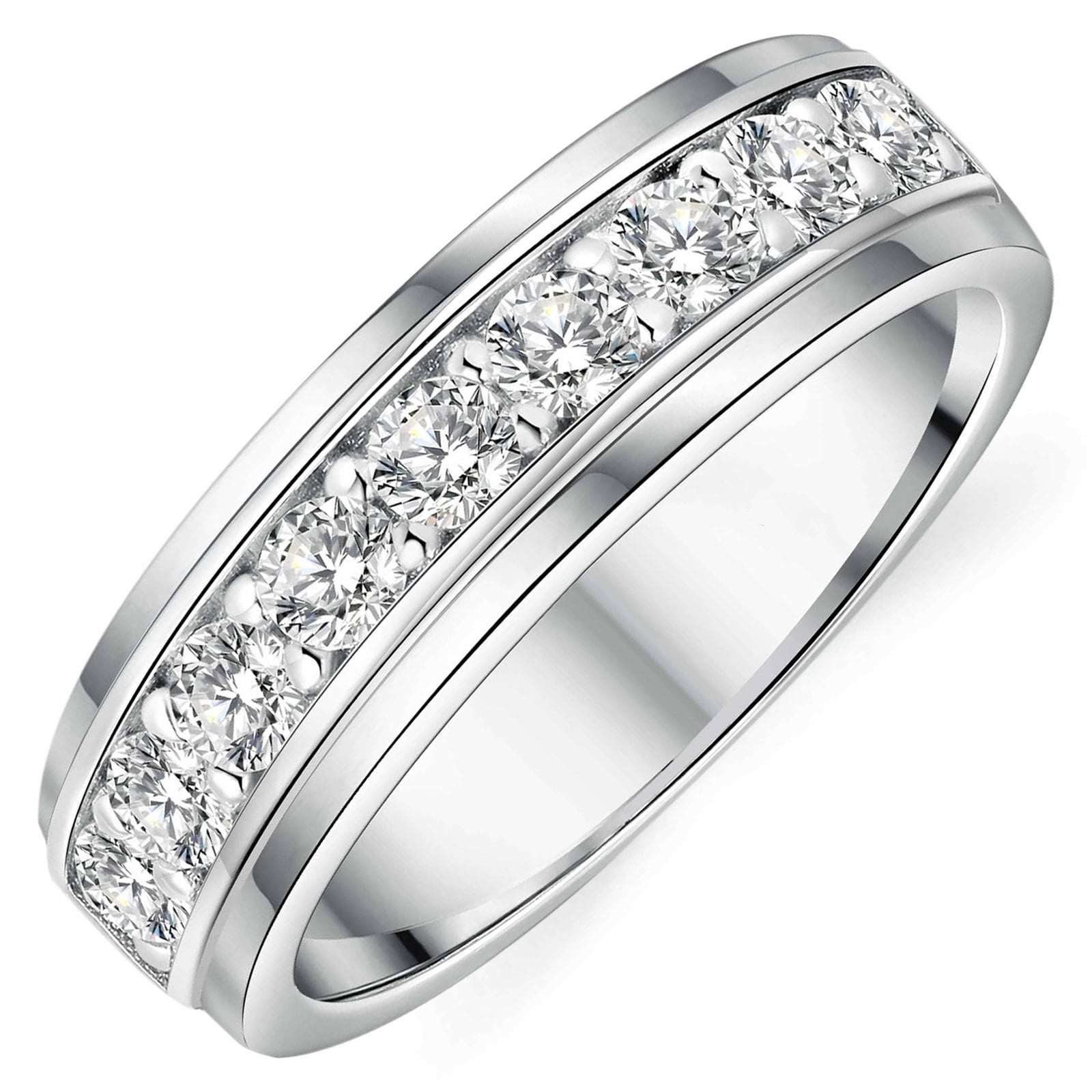 Siyoupin Mens Moissanite Wedding Band D Color VVS1 1Ct 9 Round Cut Engagement Ring White Gold Plated Size 9