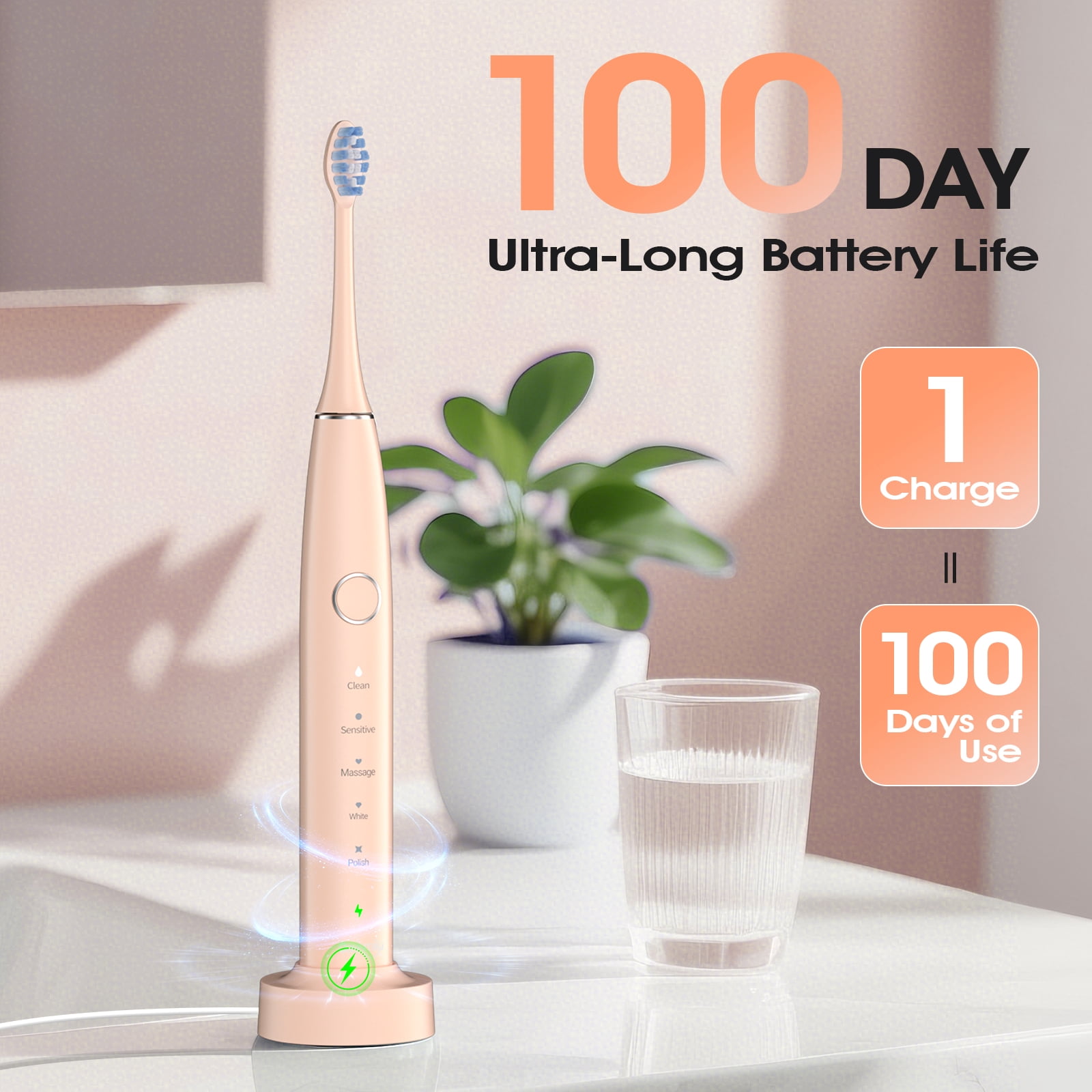 OasiSmile Sonic Electric Toothbrush Set for Adults with Travel Case, 6 Brush Heads, 100-Day Battery Life, 5 Modes 42000 VPM Rechargeable Power Toothbrush, Pink
