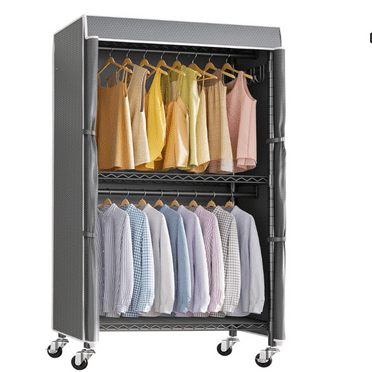 Rack with Cover Heavy Duty Clothes Rack Adjustable Clothing Rack for Hanging Clothes Portable Closets with Double Rods, Wardrobe on Wheels, Black Rack with Grey Cover