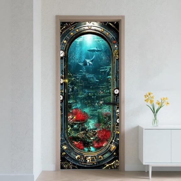 Door Sticker Peel Stick Removable Self Adhesive Door Mural Decal Vinyl PVC Waterproof Cover Wallpaper 31.48×78.74 Inch Marine Life Ocean Theme
