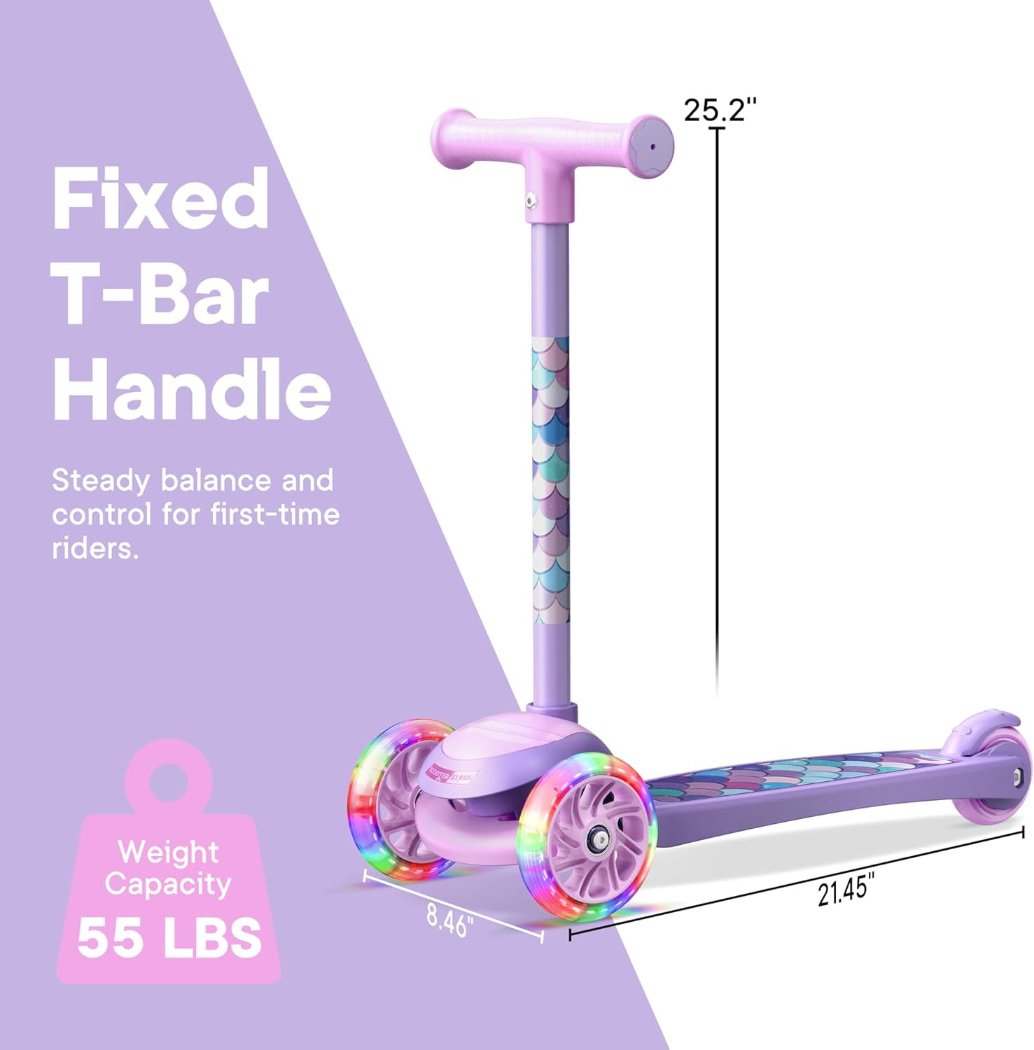 Scooter Stars 3-Wheel Kids Scooter with Light-Up LED Front Wheels, Wide Anti-Slip Deck, Rear Foot Brake, Lean-to-Steer Ride-On Toy