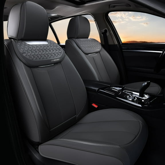 Coverado Front Car Seat Covers, Luxury Leather Car Seat Protectors, Automotive Interior Cushions Universal Fit Most Cars, Black