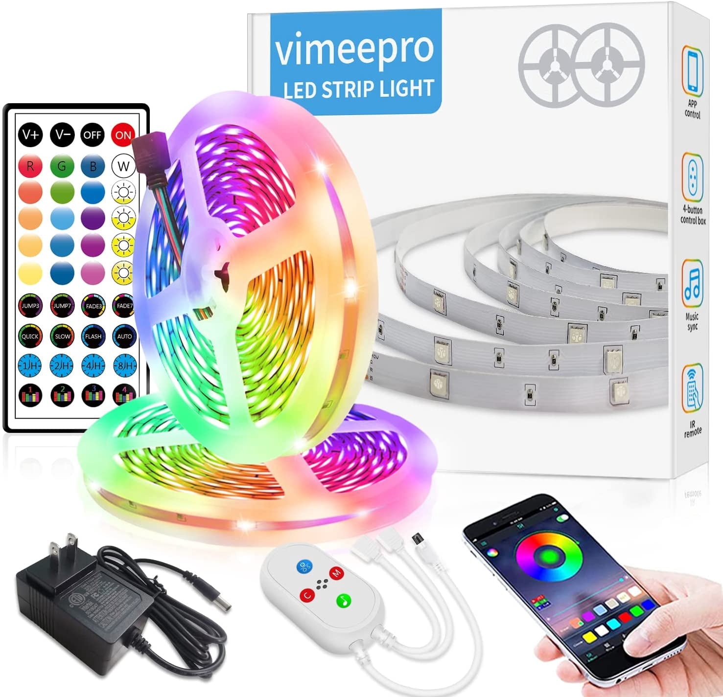 vimeepro RGB LED Strip Lights 65.6ft,Smart APP Control,Color Changing,Music  Sync LED Light Strips,SMD 5050,LED Lights for Bedroom Party TV Decoration,2  Rolls of 32.8ft - Walmart.com