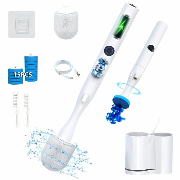 Hillyfe Electric Toilet Brush and Holder, Cordless Rechargeable Cleaning Scrubber with Nylon Head, 15 Disposable Refill Heads, Wall-Mount Hook