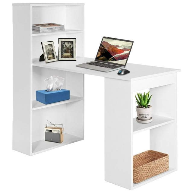 Giantex Computer Desk w/Bookcase, 48" Modern Compact Writing Desk, Reversible Study Workstation for Home, Office & Dorm, Easy Assembly, White