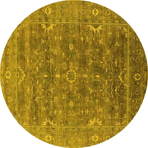 Ahgly Company Machine Washable Indoor Round Oriental Yellow Industrial Area Rugs, 7' Round
