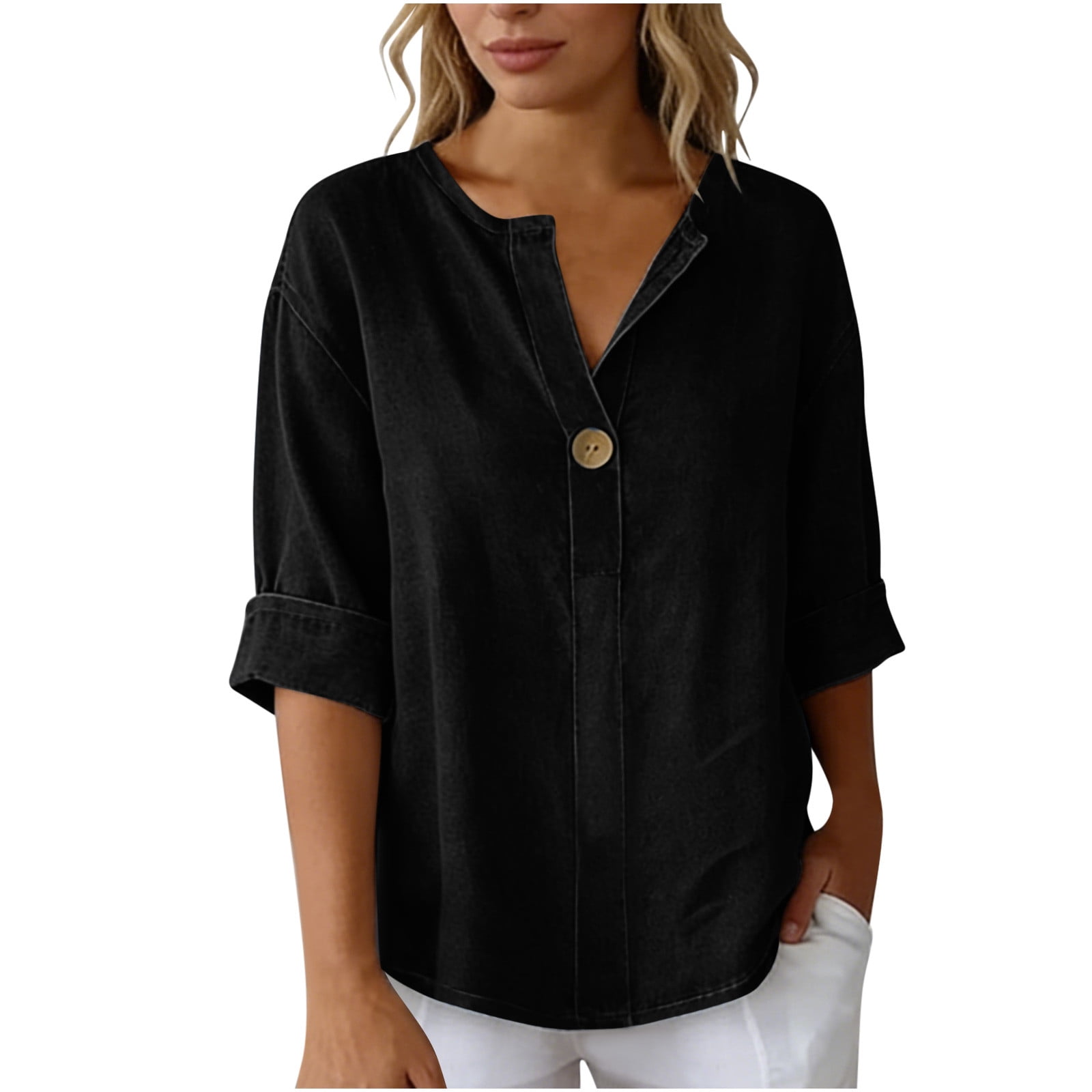 YHAJDS Women's T-Shirts Solid Color V Neck 3/4 Sleeve Relaxed Fit Casual Everyday Top