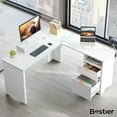 thumbnail image 6 of Bestier L Shaped Desk with Drawers, 55.7" x 55" Office Computer Desk with Round Corners, Monitor Stand & Fluted Panels, White, 6 of 14