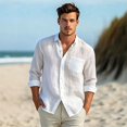 thumbnail image 5 of Casual Linen Shirts for Men Long Sleeve Button Up Regular Fit Breathable Summer Tops Solid Color Lightweight Beach Holiday Outfit Mens Clothing White L, 5 of 8