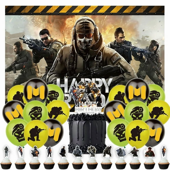 32 Pcs For Call of Duty Theme Birthday Party Decorations and Supplies Set – Includes 1 Backdrop, 1 Cake Topper, 12 Cupcake Toppers, and 18 Balloons for Festive Celebrations