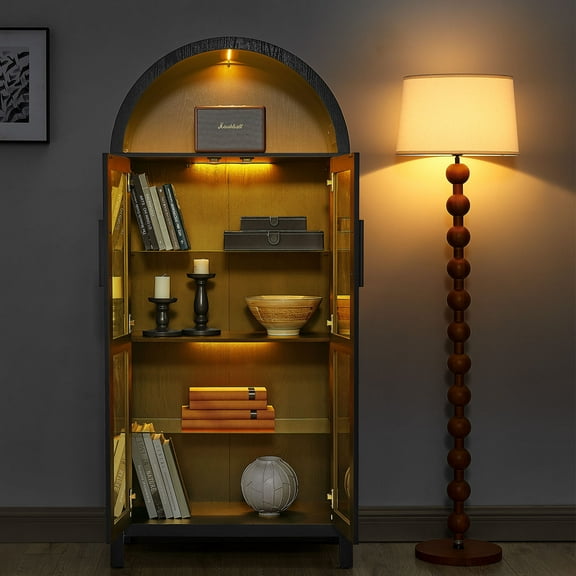 YIYADO High Arched Kitchen Storage Cabinets, Arched Cabinets with LED Lights with Adjustable Glass Partitions, Suitable for Kitchen Multifunctional Cabinets, Black