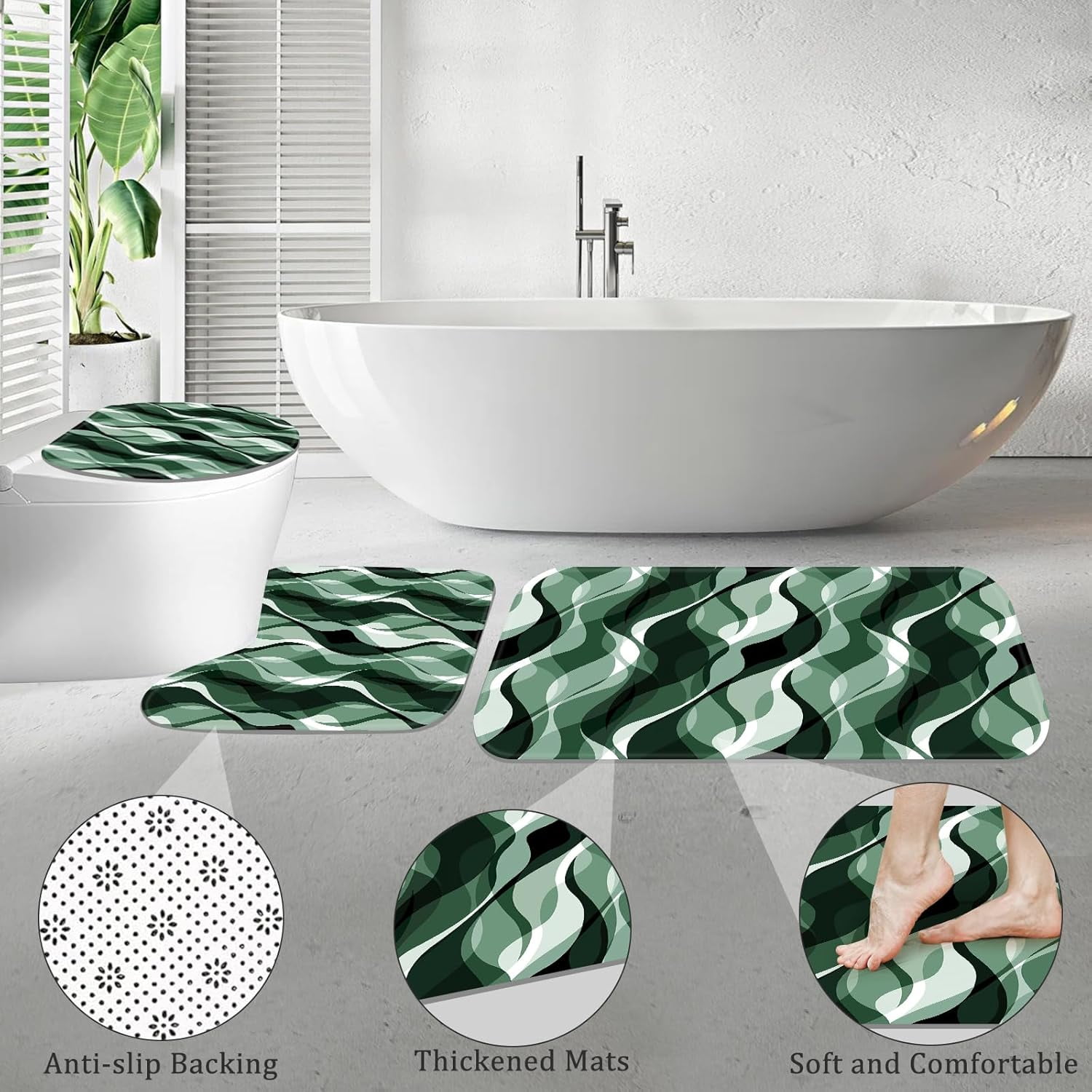 4PCS Navy Blue Bathroom Sets with Shower Curtain and Rugs, Abstract Striped Shower Curtain Sets with Rugs, Modern Luxury Bathroom Curtains Shower Set Accessories