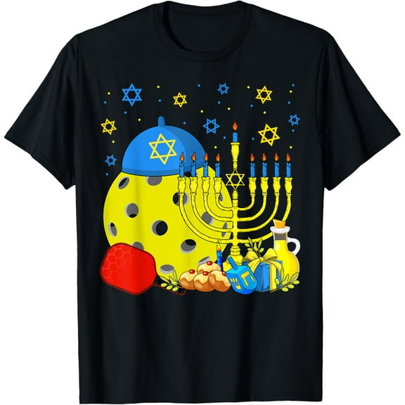 Funny Jewish Pickleball Ball Menorah Hanukkah Pajamas Men T-Shirt