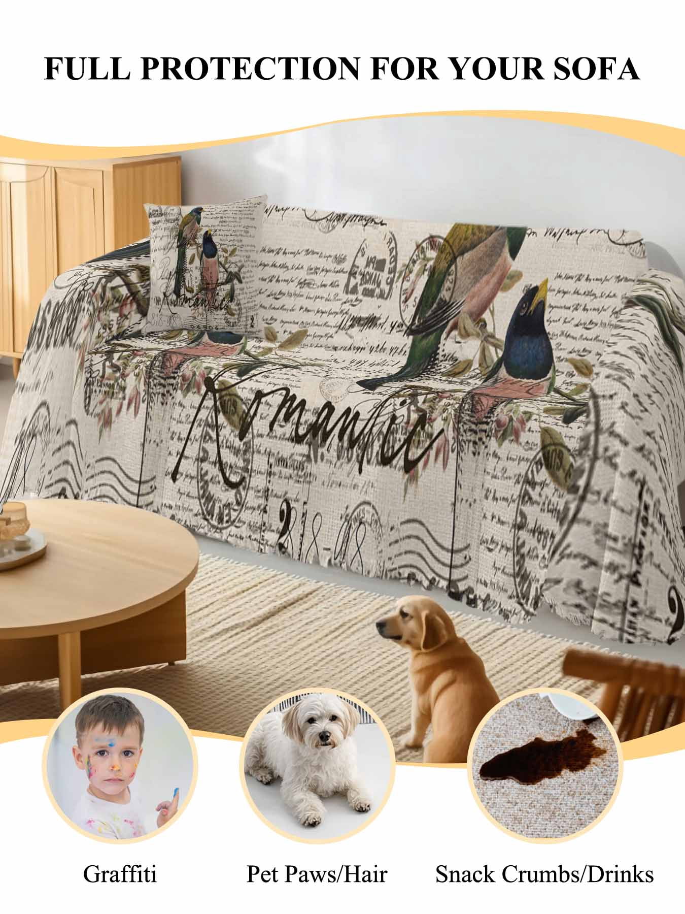 Vintage Birds Couch Cover Sofa Covers 3 Cushion Sectional Couch, Country Envelope Postmark Farmhouse Botancial Washable Sofa Covers Slipcover Sectional Sofa Cover, Furniture Protector 71"x150"