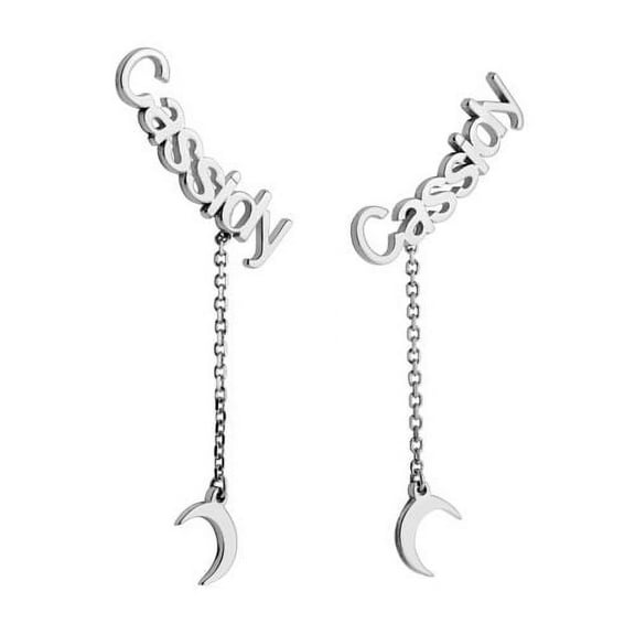 Personalized Planet Women's Sterling Silver Name with Moon Charm Dangle Crawler Earrings