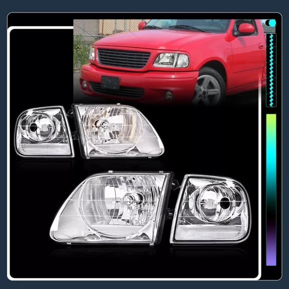 Pair Chrome Headlights w/Clear Corner For 1997-2003 Ford F150/97-02 Expedition