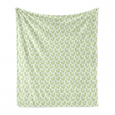 Green Leaf Soft Flannel Fleece Throw Blanket, Simple Organic Pattern with Abstract Leaves Ecology Environment Theme, Cozy Plush for Indoor and Outdoor Use, 70" x 90", Apple Green White, by Ambesonne