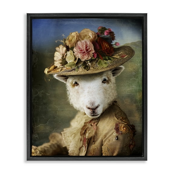 Stupell Industries Lamb with Floral Hat Animals & Insects Painting Black Floater Framed Canvas Art Print Wall Art, 17 x 21