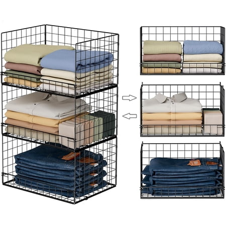 3-Tier Stackable Closet Organizers and Storage Shelves, Foldable Closet Shelf Organizer, Stackable Storage Bins Drawers for Closet Organizer System, Black(Patent Pending)