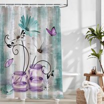 Farmhouse Floral Shower Curtain Teal Flowers Butterfly Bathroom Decor Shower Curtain Fabric Polyester Waterproof with Plastic Hooks 72" X 72"