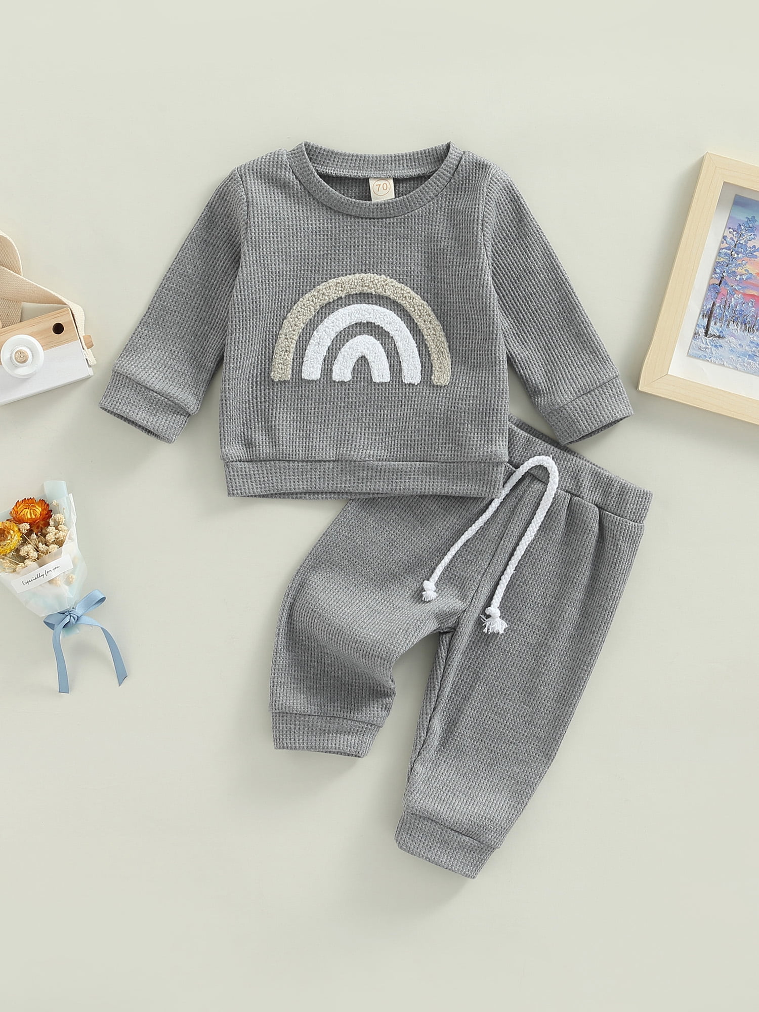 2pcs Baby Boy/Girl Rainbow Pattern Waffle Long-sleeve Top and Trousers Set