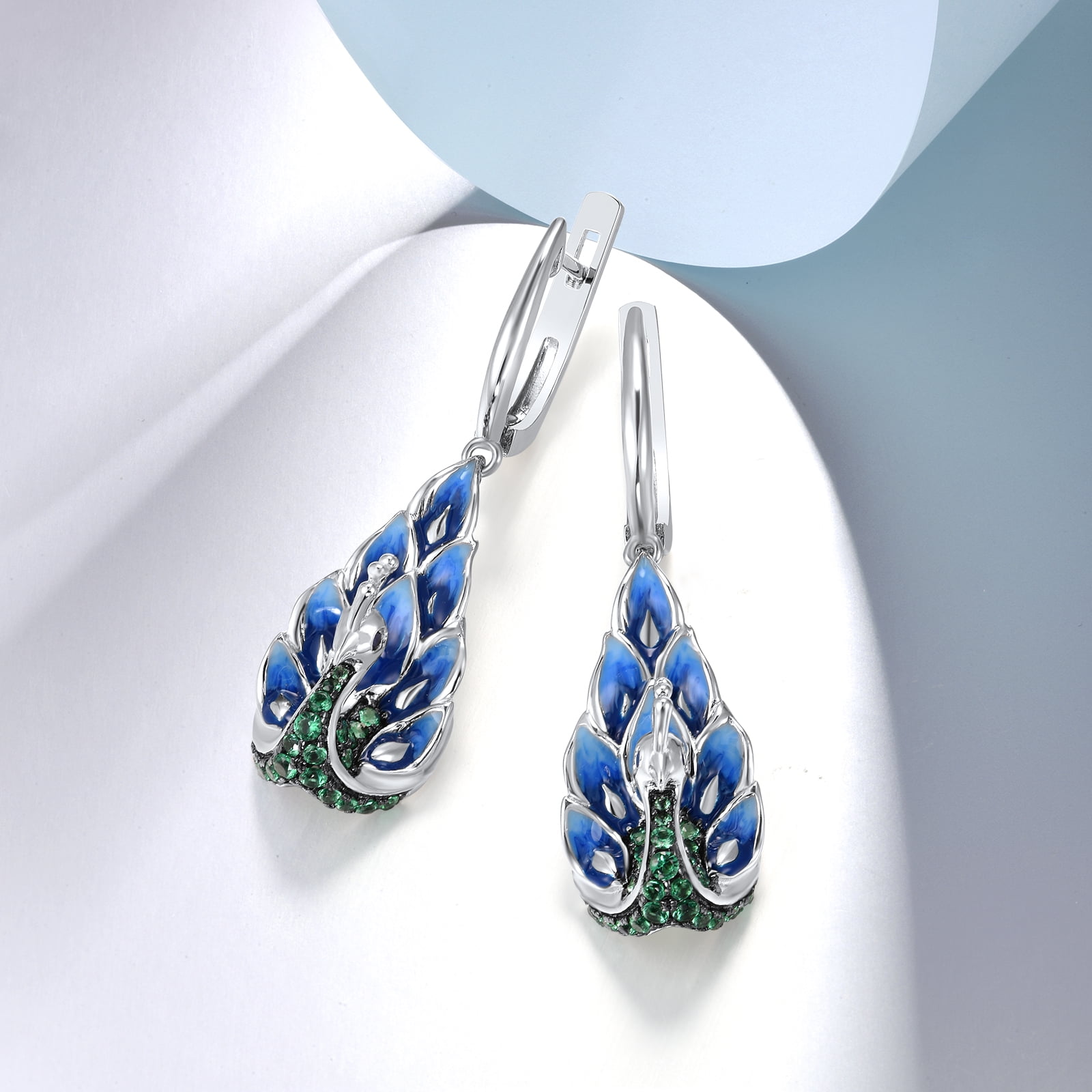 Santuzza 925 Sterling Silver Gemstone Peacock Dangle Earrings Blue Nano Cubic Zirconia Enamel Peahen Drop Earrings for Women