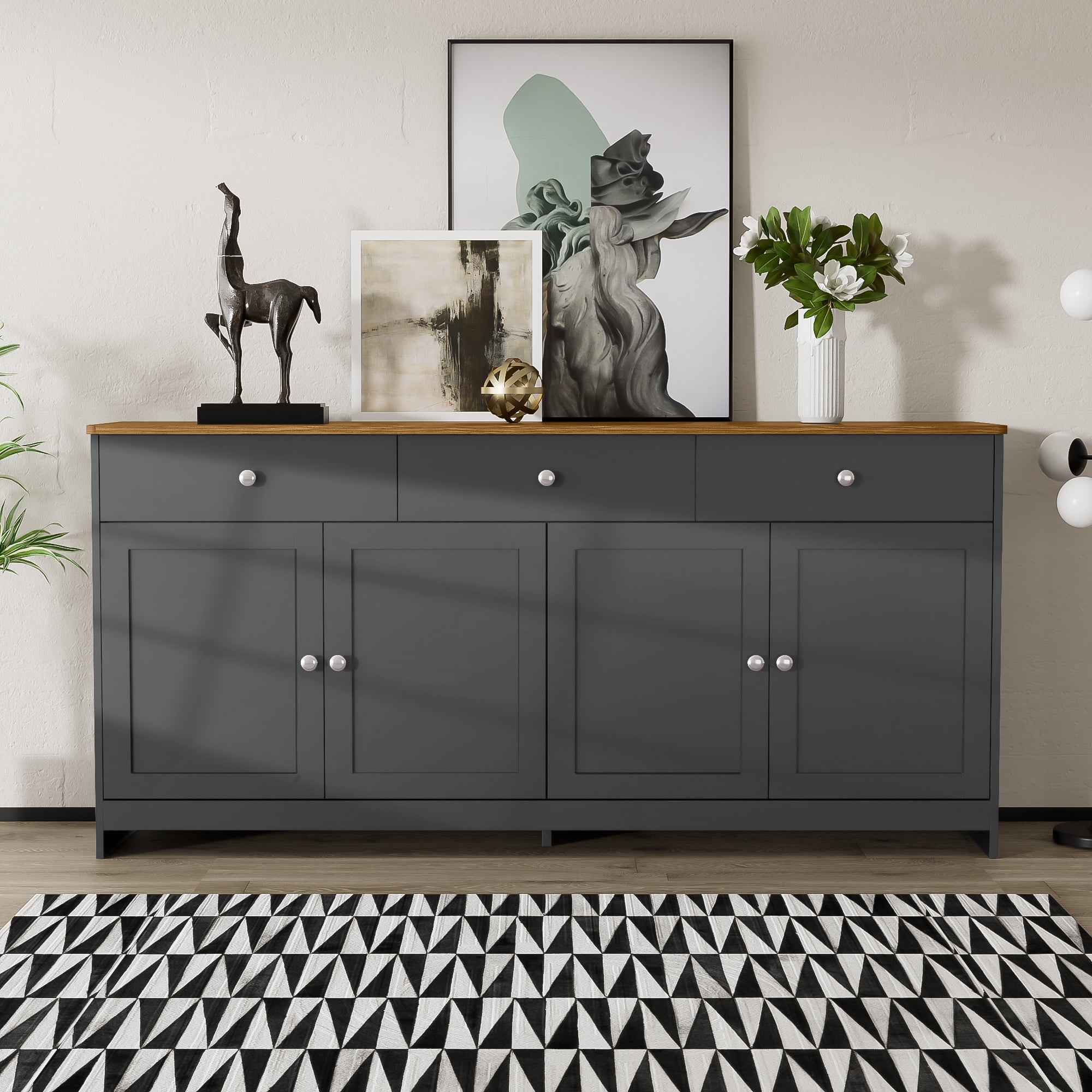 Noble House Buffet avec Grain de Bois Gris-Noir, 4 Portes et 3 Tiroirs, Ton Bois et Gris-Noir pour Salon/salle à Manger