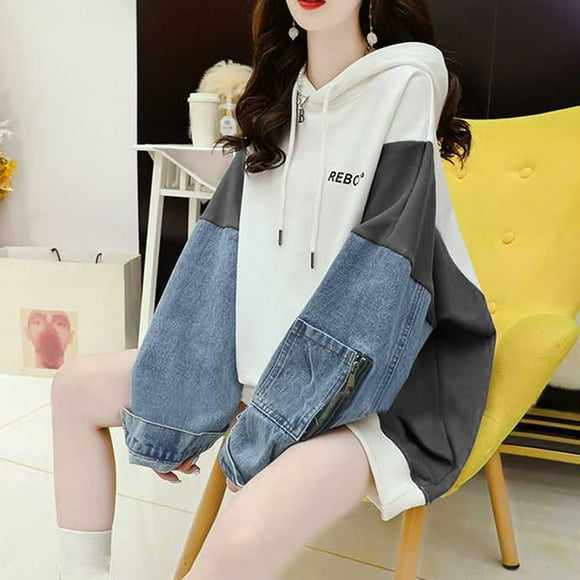 Bmisegm Womens Loose Pullover Tops Denim Sleeve Splicing Hooded Sweatshirt Dressy Casual Patchwork Blouses and Tops Thermal Comfy Pullover Womens Denim Jacket White XL