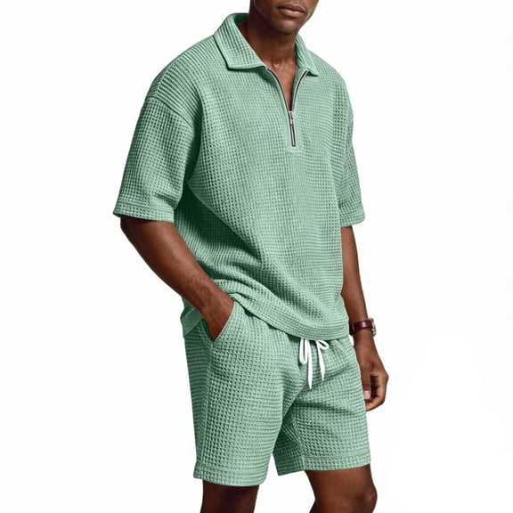 Mens Short Sets 2 Piece Outfits Waffle Knit Short Sleeve Polo Shirt and Shorts Set Summer Casual Tracksuit with Pocket Quarter Zip Green M