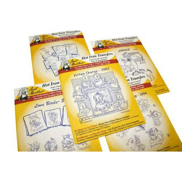 AUNT MARTHA's Iron on Transfer Patterns for Stitching, Embroidery or Fabric Painting, Cute Vintage Animal Patterns for Tea Towels or Quilting, Set of 5