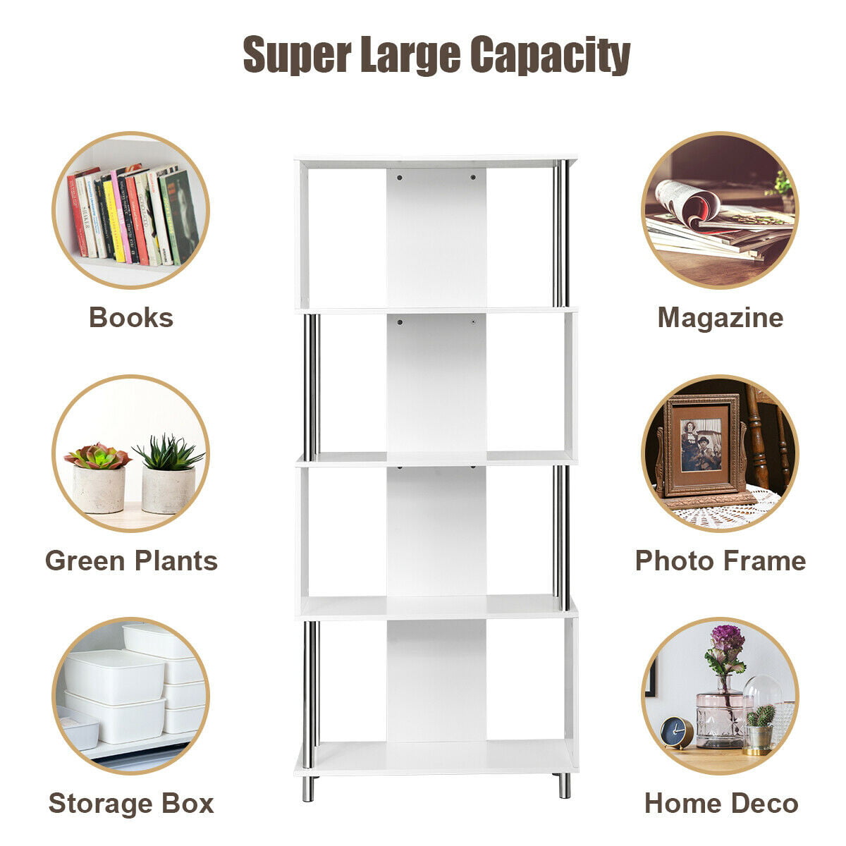 4-Tier Bookcase Modern Display Shelves Organizer Snaking Storage Rack Home White