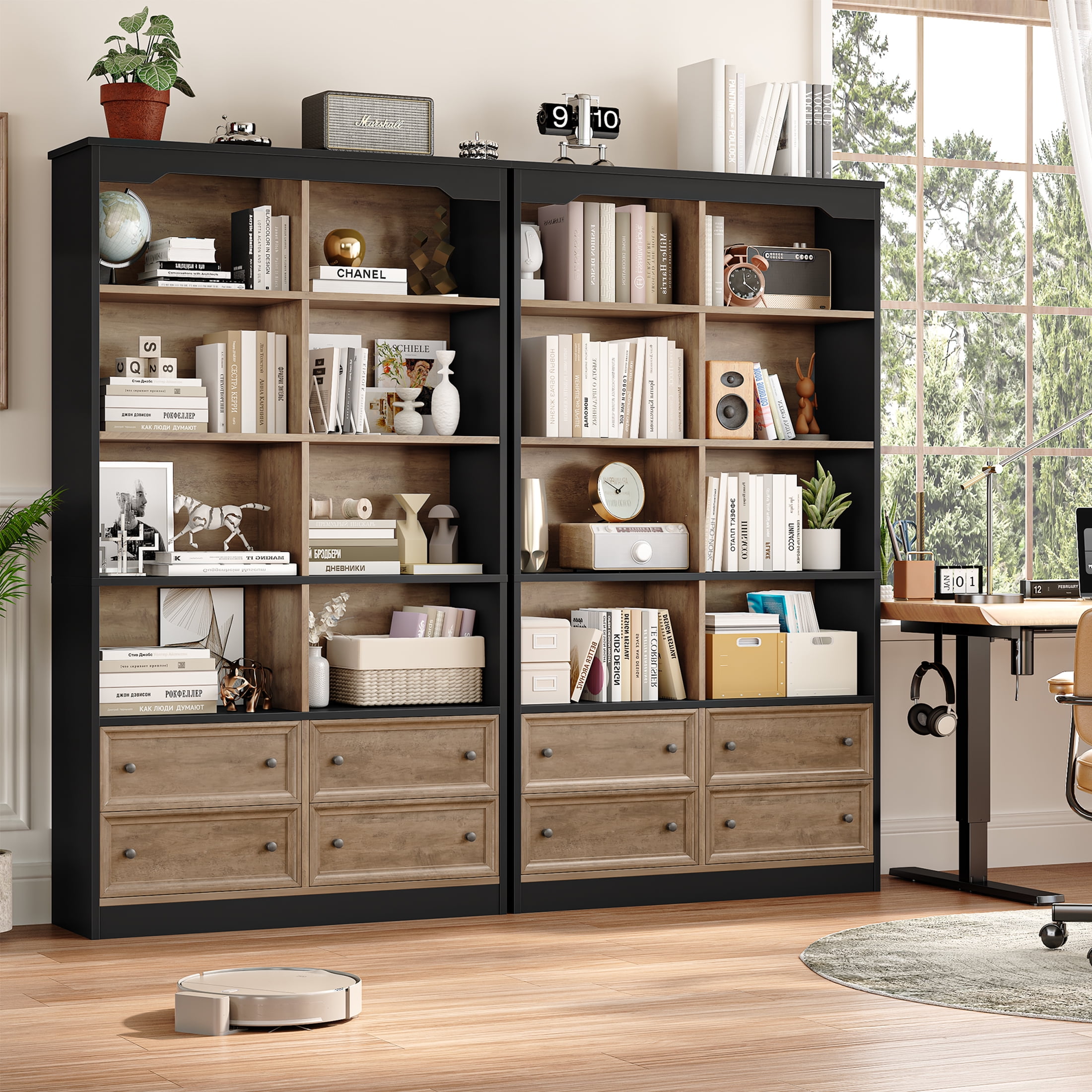 Homfa Double Row 6 Tier Bookcases, 71 in Tall Bookcase Bookshelf with 4 Drawers and 8 Display Cubicles, for Home Office Living Room, Black& Oak