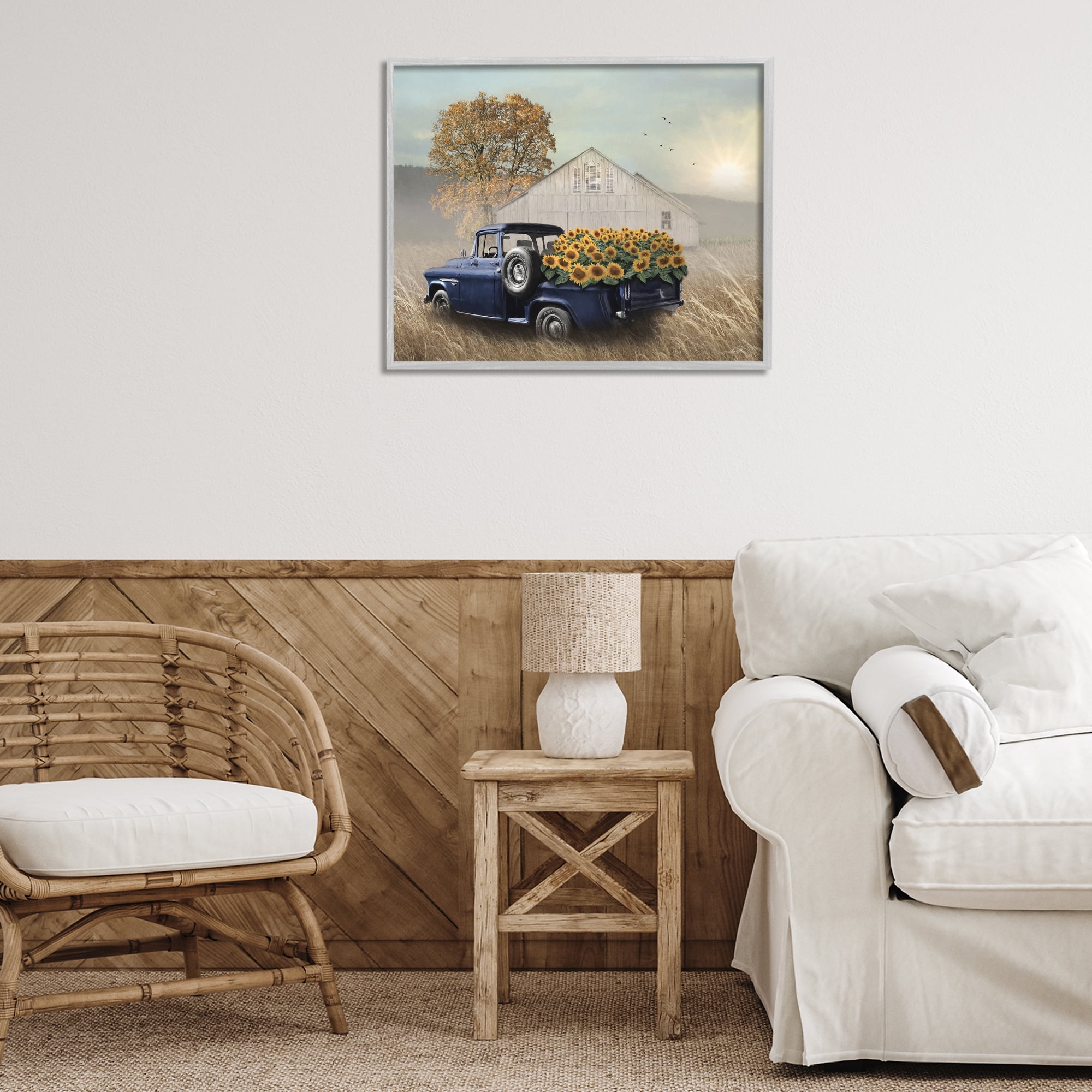 Stupell Industries Sunflower Filled Truck Transportation Painting Gray Framed Art Print Wall Art, 30 x 24