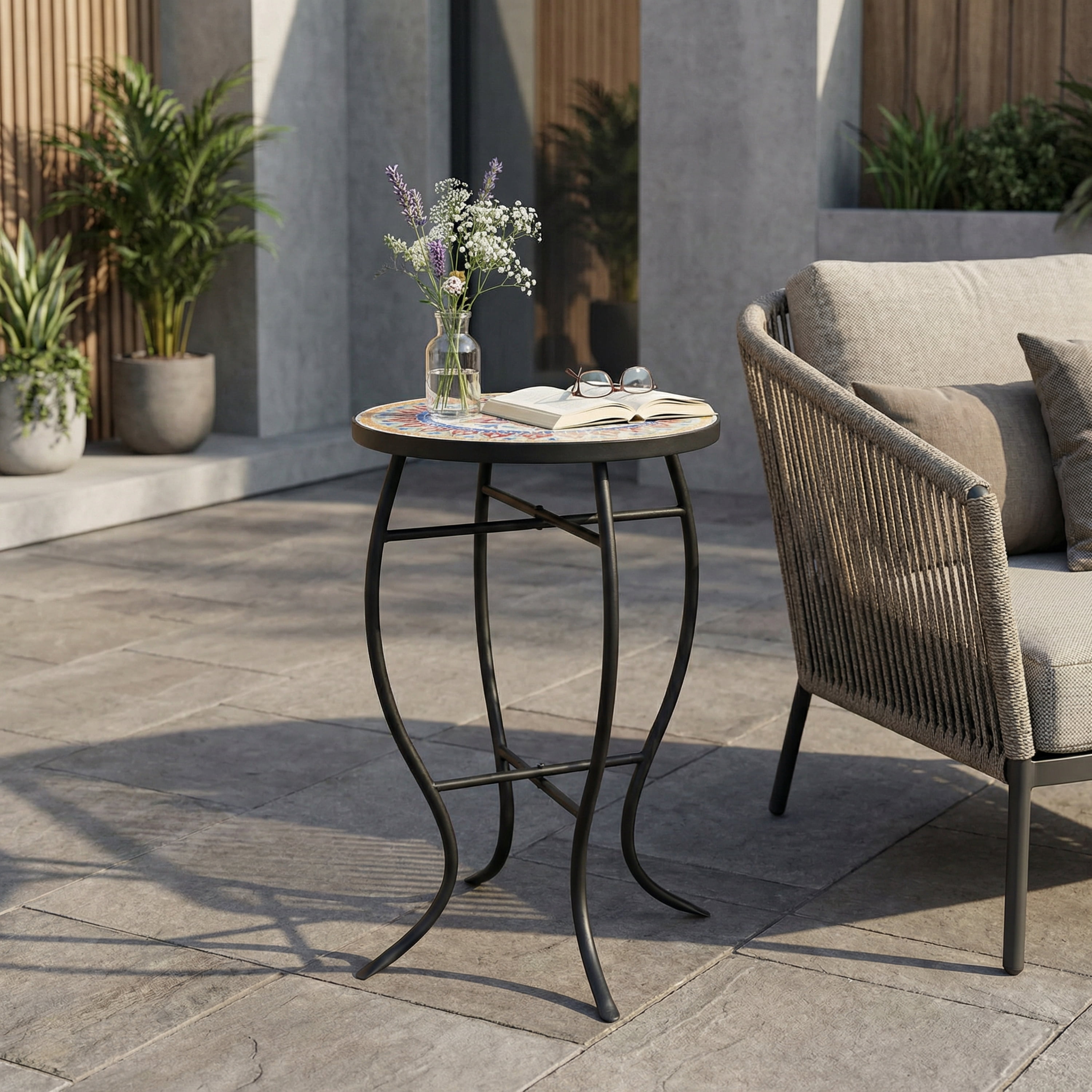 Outdoor Round Mosaic Top Iron Leg Side Table for Patio Garden, Red