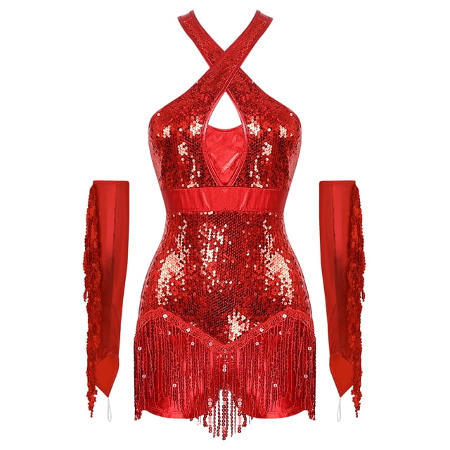 Jelory Robe de Danse de Salon à Franges Jazz Lyrique pour Femmes Justaucorps à Sequins avec Gants Costume de Concert Rouge P
