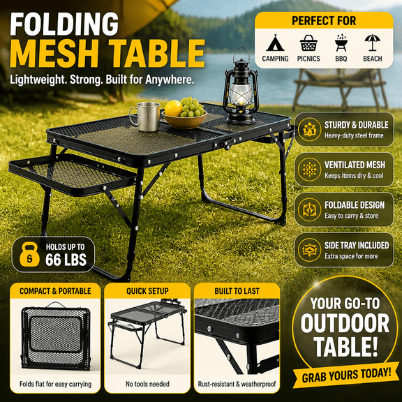 Folding Mesh Camping Table with Side Tray, Heavy Duty Steel Frame Portable Outdoor Table Holds 66 Lbs for Camping, Picnic, BBQ, Beach