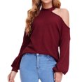thumbnail image 1 of Hombro frío knit gota hombro linterna manga larga crewneck knit suave suelta waffle pullover para mujeres vino rojo L, 1 of 5
