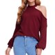 thumbnail image 1 of Hombro frío knit gota hombro linterna manga larga crewneck knit suave suelta waffle pullover para mujeres vino rojo L, 1 of 5