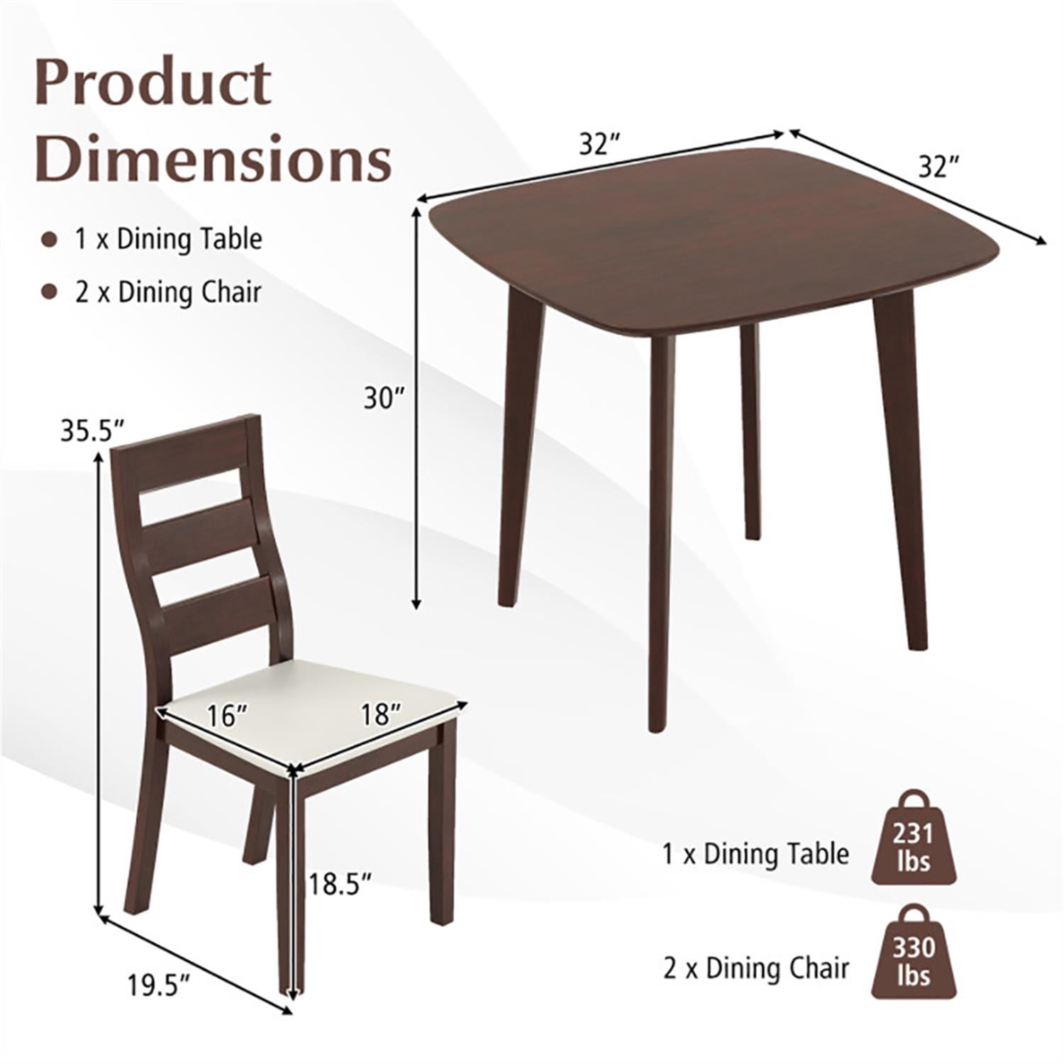 Demi Bonn 3-Piece Dining Table Set with 2 Chairs, 32" Wooden Square Kitchen Table Set, Perfect for Small Space, Brown