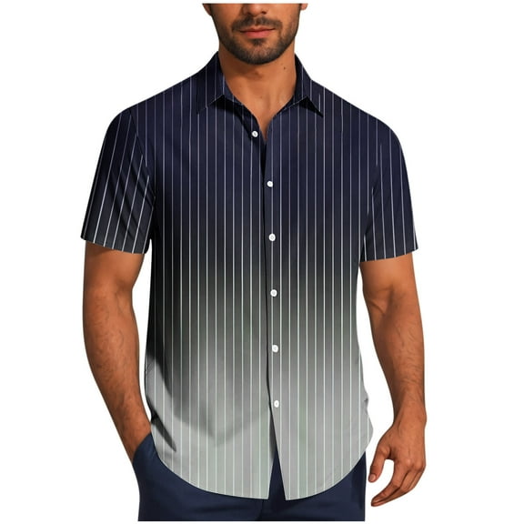 Men's Gradient Striped Dress T Shirt Casual Button Down Short Sleeve Blouse Summer Formal Business Lapel Shirts