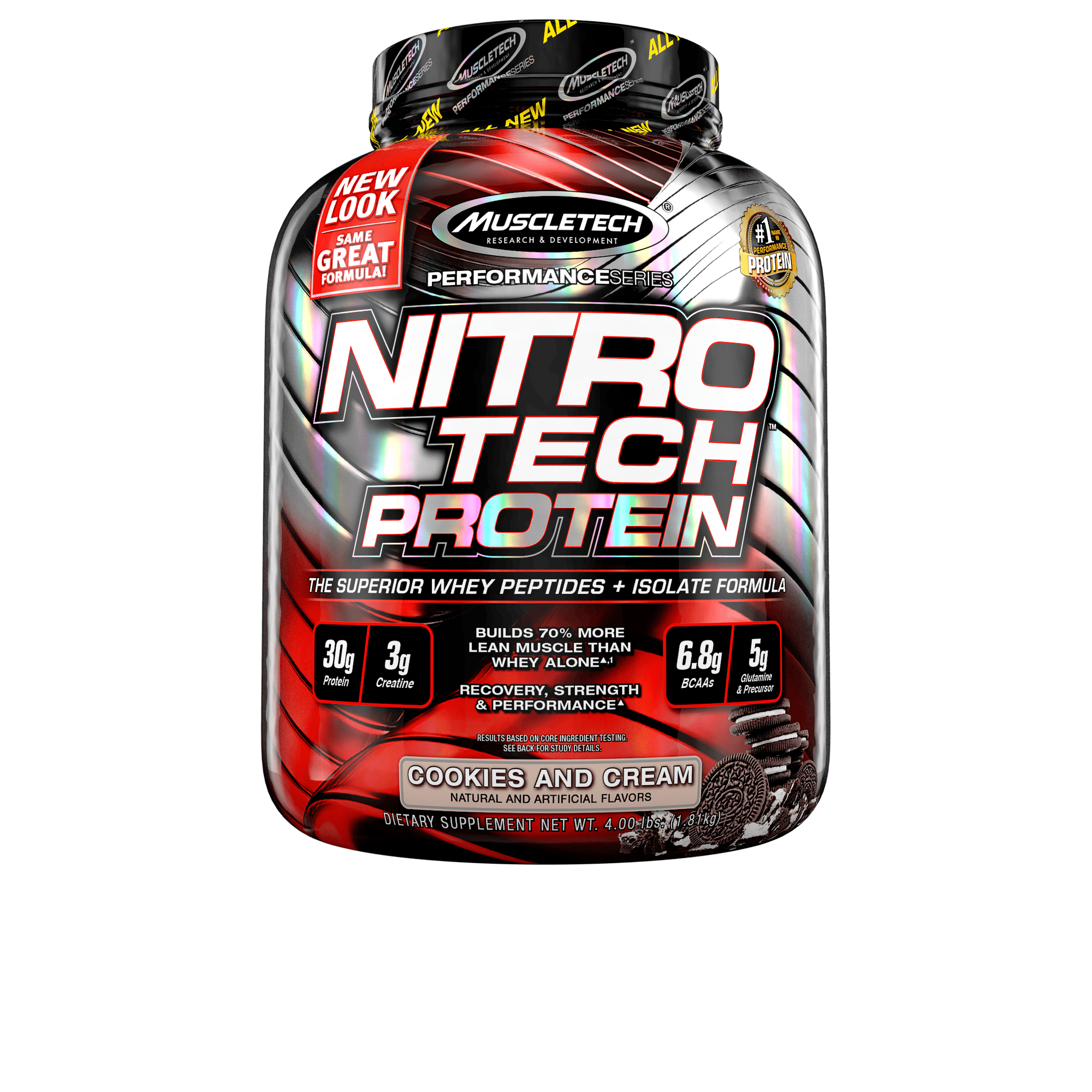 NitroTech Protein Powder Plus Muscle Builder, 100% Whey Protein with Whey Isolate, Cookies & Cream, 40 Servings (4lbs)