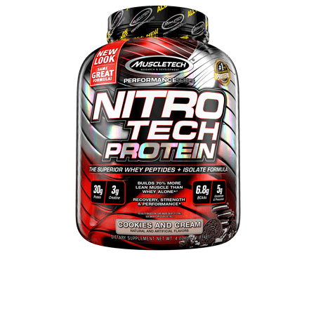 NitroTech Protein Powder Plus Muscle Builder, 100% Whey Protein with Whey Isolate, Cookies & Cream, 40 Servings