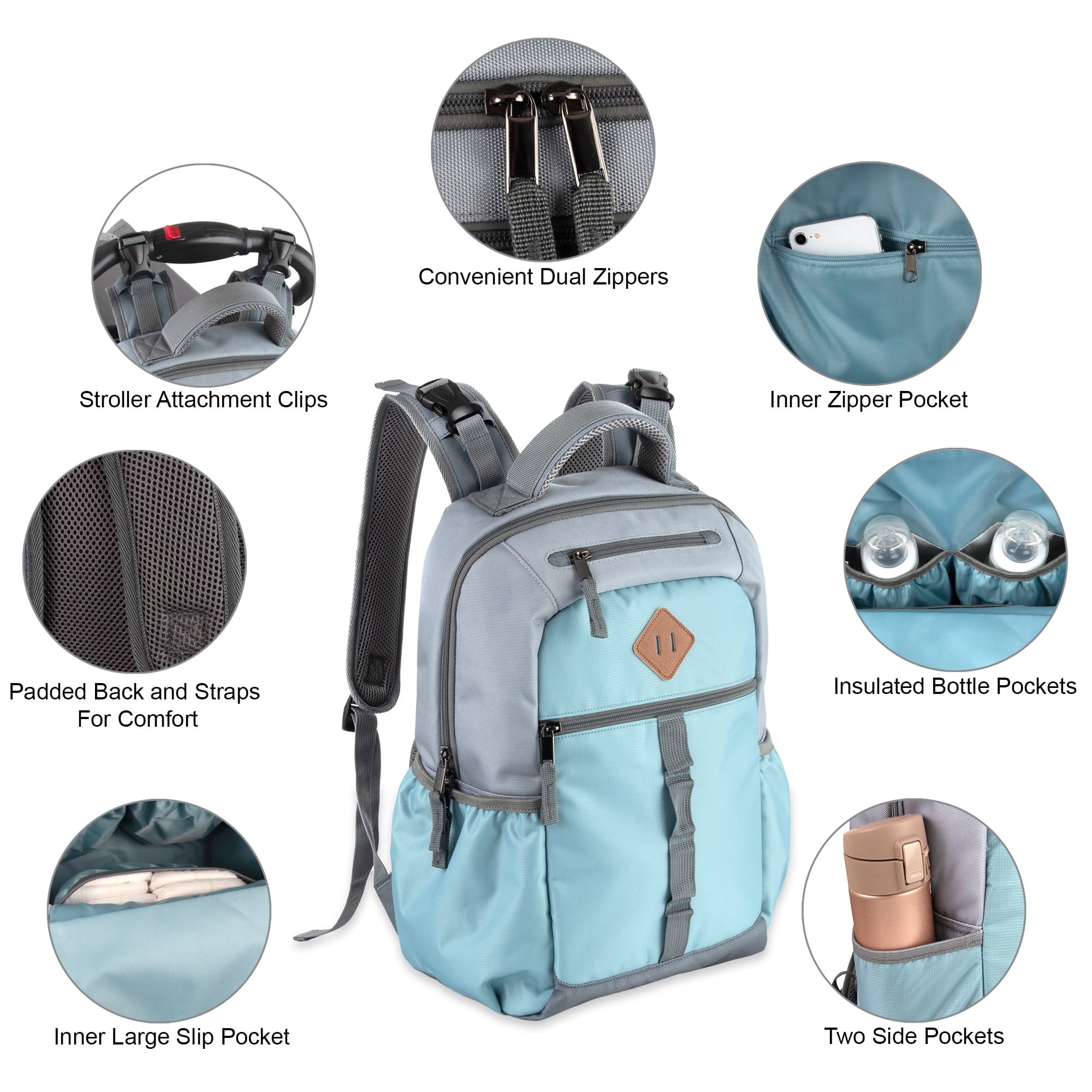 Baby Essentials Multi-Pocket Dual Zipper Closure Diaper Bag Backpack with Matching Changing Pad, Insulated Bottle Pockets and Stroller Straps in Ice Blue and Gray